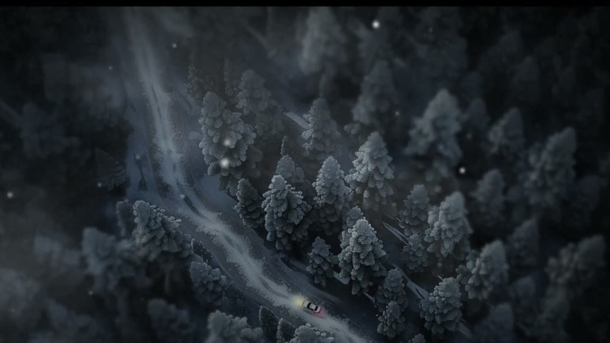 A car on a snowed-in forest road at night, seen from above