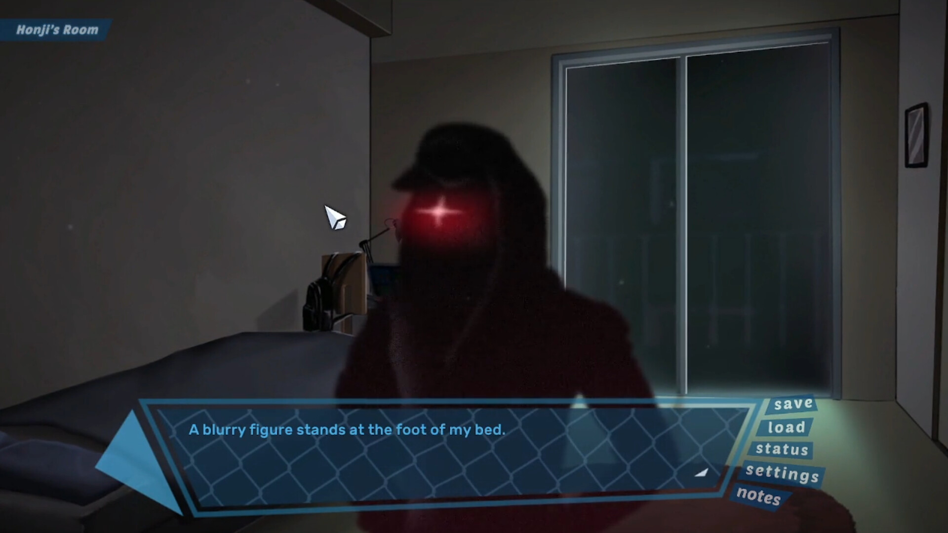 A blurry figure at the foot of the bed in Honji's room